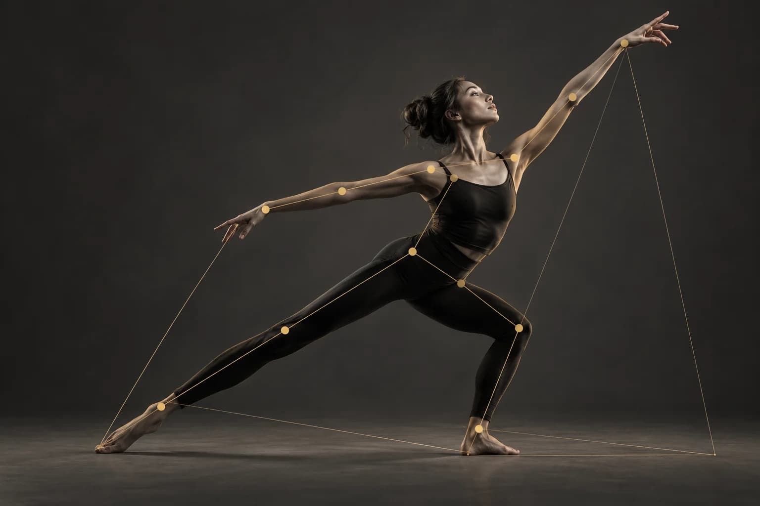 Dancer with gold joint-tracking points and geometric lines illustrating movement research